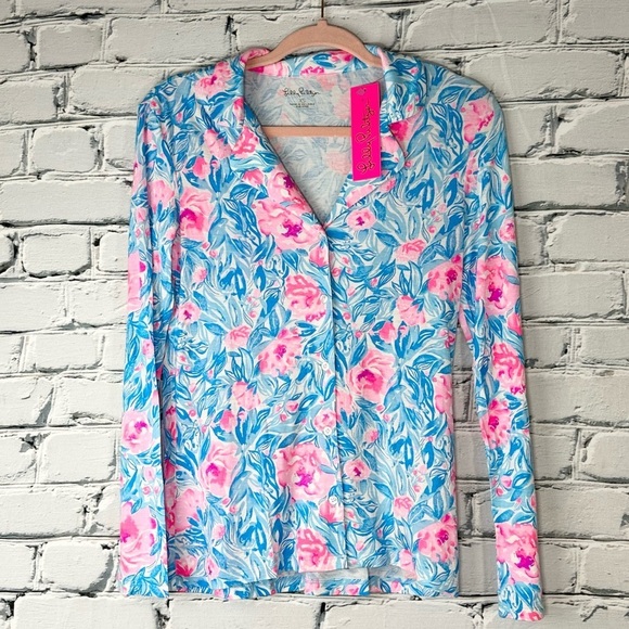 Lilly Pulitzer Pajama NWT PJ Long Sleeve Top Bondi Blue My Little Peony XSmall - Picture 2 of 10